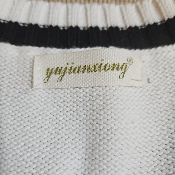 Yujianxiong knit white black stripes tennis pullover V-neck sweater vest Sz M/L - Picture 8 of 12